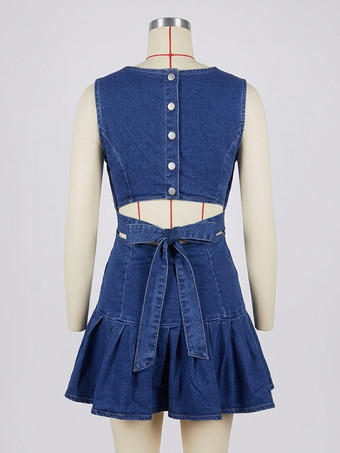 ノースリーブ プリーツ デニム ミニドレス レディース - セクシーな背中開きタイカットアウト スリムフィット - 2026年夏ビーチストリートウェア