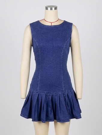 ノースリーブ プリーツ デニム ミニドレス レディース - セクシーな背中開きタイカットアウト スリムフィット - 2026年夏ビーチストリートウェア