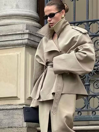 レディース用ショートトレンチコート - カーキシックなウエストタイ付きダブルブレストクロップドウィンドブレーカー - 春のオフィスカジュアルアウター 2026