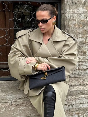 レディース用ショートトレンチコート - カーキシックなウエストタイ付きダブルブレストクロップドウィンドブレーカー - 春のオフィスカジュアルアウター 2026