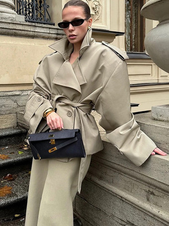 レディース用ショートトレンチコート - カーキシックなウエストタイ付きダブルブレストクロップドウィンドブレーカー - 春のオフィスカジュアルアウター 2026