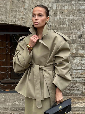 カーキ レディース用ショートトレンチコート - カーキシックなウエストタイ付きダブルブレストクロップドウィンドブレーカー - 春のオフィスカジュアルアウター 2026