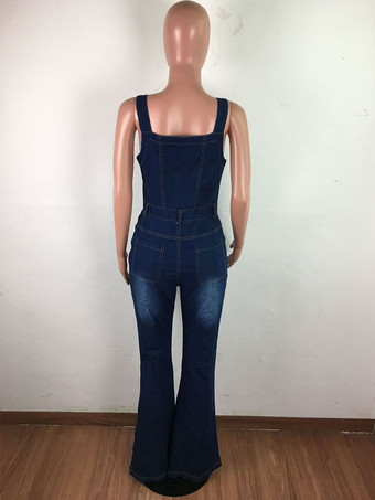 ボタンアップ ウォッシュドデニム ジャンプスーツ レディース - ダークブルー レトロ ボディコン フレアレッグ オーバーオール - サマーシック ストリートウェア 2026