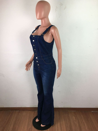 ボタンアップ ウォッシュドデニム ジャンプスーツ レディース - ダークブルー レトロ ボディコン フレアレッグ オーバーオール - サマーシック ストリートウェア 2026