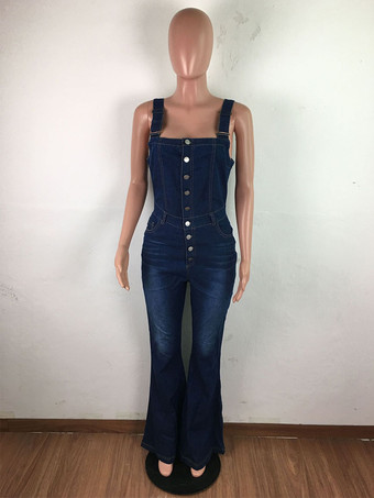 ボタンアップ ウォッシュドデニム ジャンプスーツ レディース - ダークブルー レトロ ボディコン フレアレッグ オーバーオール - サマーシック ストリートウェア 2026