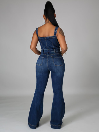 ボタンアップ ウォッシュドデニム ジャンプスーツ レディース - ダークブルー レトロ ボディコン フレアレッグ オーバーオール - サマーシック ストリートウェア 2026