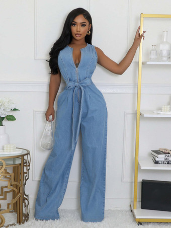 ジップアップ ウォッシュドデニム ジャンプスーツ レディース - ライトブルー カジュアル ベルト付き ワイドレッグ ワンピース - 2026年夏 カジュアル ストリートウェア