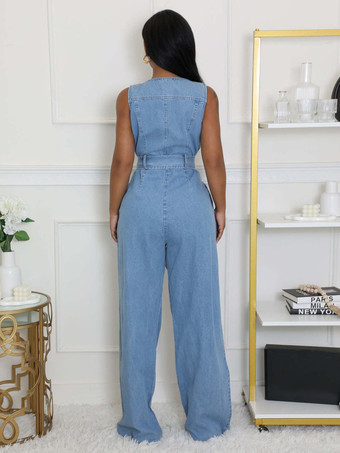 ジップアップ ウォッシュドデニム ジャンプスーツ レディース - ライトブルー カジュアル ベルト付き ワイドレッグ ワンピース - 2026年夏 カジュアル ストリートウェア
