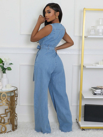 ジップアップ ウォッシュドデニム ジャンプスーツ レディース - ライトブルー カジュアル ベルト付き ワイドレッグ ワンピース - 2026年夏 カジュアル ストリートウェア