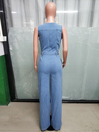 ジップアップ ウォッシュドデニム ジャンプスーツ レディース - ライトブルー カジュアル ベルト付き ワイドレッグ ワンピース - 2026年夏 カジュアル ストリートウェア
