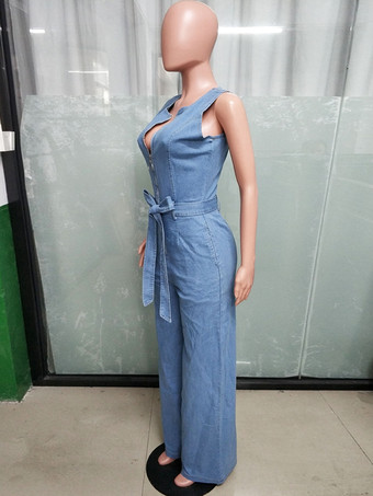 ジップアップ ウォッシュドデニム ジャンプスーツ レディース - ライトブルー カジュアル ベルト付き ワイドレッグ ワンピース - 2026年夏 カジュアル ストリートウェア