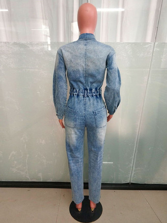 レディース長袖デニムジャンプスーツ - ウォッシュブルー、ユーティリティ、ゴムウエスト、ペンシルオーバーオール - 2026年春のデイリーストリートウェア