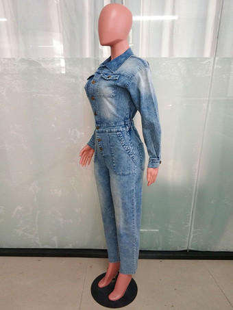 レディース長袖デニムジャンプスーツ - ウォッシュブルー、ユーティリティ、ゴムウエスト、ペンシルオーバーオール - 2026年春のデイリーストリートウェア