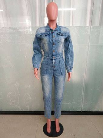 レディース長袖デニムジャンプスーツ - ウォッシュブルー、ユーティリティ、ゴムウエスト、ペンシルオーバーオール - 2026年春のデイリーストリートウェア