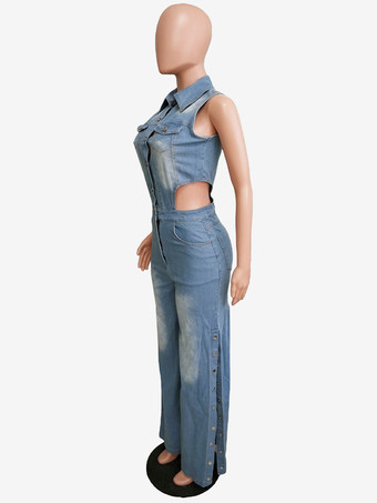 カットアウトデニムジャンプスーツ（レディース） - ライトブルーのセクシーなサイドスリット入りワイドレッグワンピースロンパース - サマーナイトクラブウェア 2026