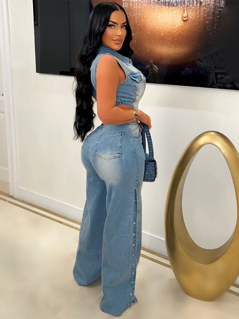 カットアウトデニムジャンプスーツ（レディース） - ライトブルーのセクシーなサイドスリット入りワイドレッグワンピースロンパース - サマーナイトクラブウェア 2026