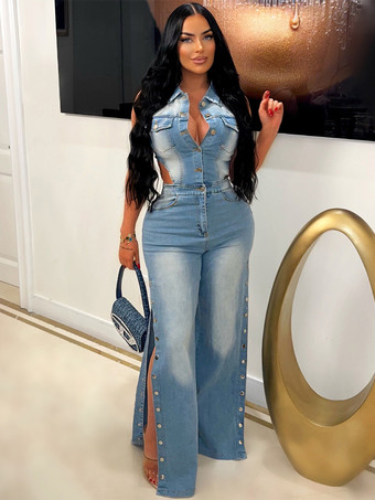 ライトスカイブルーカットアウトデニムジャンプスーツ（レディース） - ライトブルーのセクシーなサイドスリット入りワイドレッグワンピースロンパース - サマーナイトクラブウェア 2026