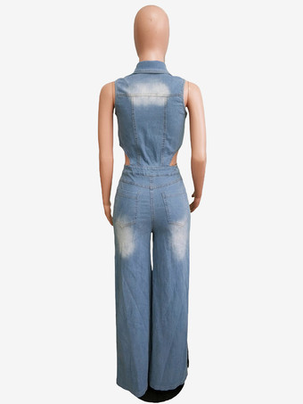 カットアウトデニムジャンプスーツ（レディース） - ライトブルーのセクシーなサイドスリット入りワイドレッグワンピースロンパース - サマーナイトクラブウェア 2026