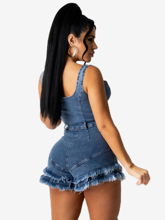ディープVネックデニムロンパース（女性用） - ミディアムブルーのセクシーなボディコンフリンジ裾ショートジャンプスーツ - サマーミュージックフェスティバルパーティー2026