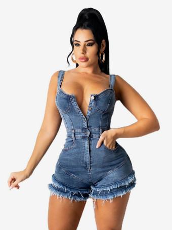 ディープVネックデニムロンパース（女性用） - ミディアムブルーのセクシーなボディコンフリンジ裾ショートジャンプスーツ - サマーミュージックフェスティバルパーティー2026