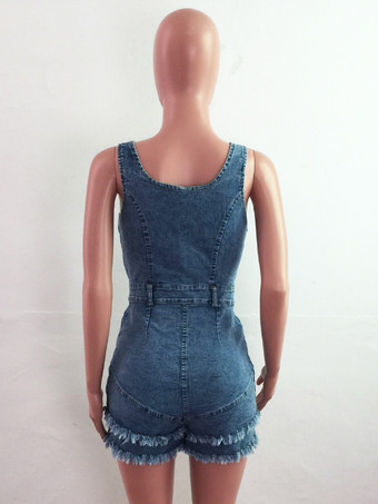 ディープVネックデニムロンパース（女性用） - ミディアムブルーのセクシーなボディコンフリンジ裾ショートジャンプスーツ - サマーミュージックフェスティバルパーティー2026