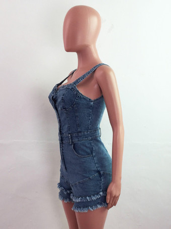 ディープVネックデニムロンパース（女性用） - ミディアムブルーのセクシーなボディコンフリンジ裾ショートジャンプスーツ - サマーミュージックフェスティバルパーティー2026