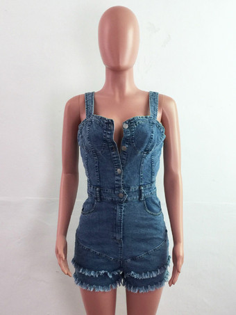 ディープVネックデニムロンパース（女性用） - ミディアムブルーのセクシーなボディコンフリンジ裾ショートジャンプスーツ - サマーミュージックフェスティバルパーティー2026