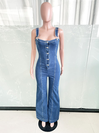 セクシーなデニムオーバーオール（女性用） - ブルーのレトロなボタンアップワイドレッグフレアジャンプスーツ - 夏のクラブナイトアウトストリートウェア 2026