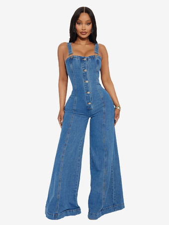 セクシーなデニムオーバーオール（女性用） - ブルーのレトロなボタンアップワイドレッグフレアジャンプスーツ - 夏のクラブナイトアウトストリートウェア 2026