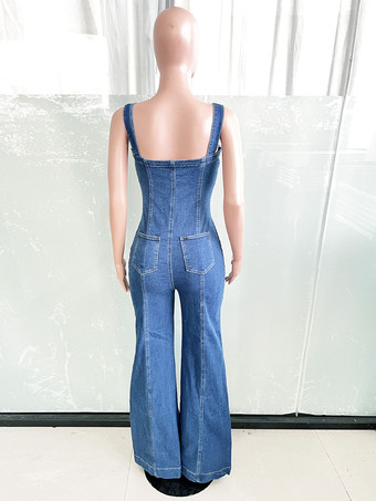 セクシーなデニムオーバーオール（女性用） - ブルーのレトロなボタンアップワイドレッグフレアジャンプスーツ - 夏のクラブナイトアウトストリートウェア 2026