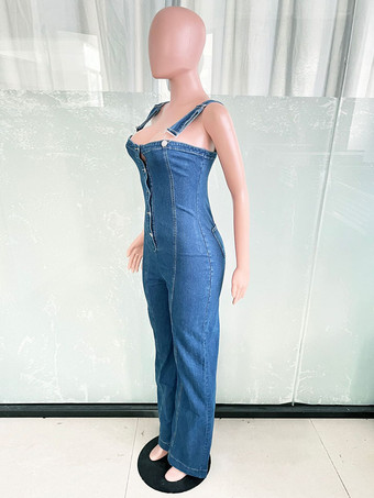 セクシーなデニムオーバーオール（女性用） - ブルーのレトロなボタンアップワイドレッグフレアジャンプスーツ - 夏のクラブナイトアウトストリートウェア 2026