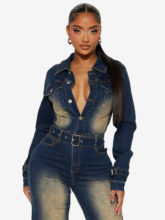 ウォッシュドデニムジャンプスーツ（レディース） - ダークブルーのヴィンテージ風ベルト付き長袖カーゴロンパース - 2026年春のストリートファッション