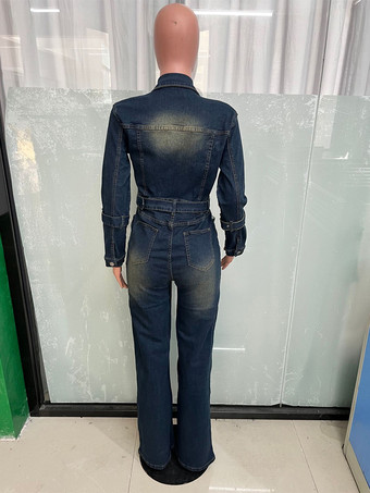 ウォッシュドデニムジャンプスーツ（レディース） - ダークブルーのヴィンテージ風ベルト付き長袖カーゴロンパース - 2026年春のストリートファッション