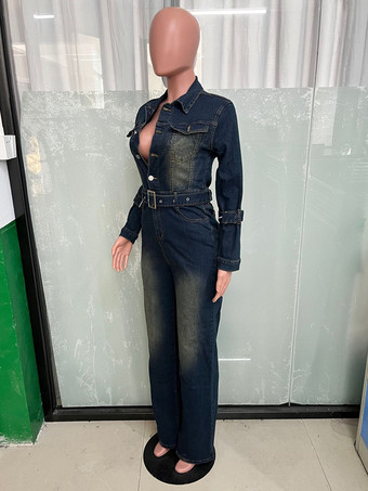 ウォッシュドデニムジャンプスーツ（レディース） - ダークブルーのヴィンテージ風ベルト付き長袖カーゴロンパース - 2026年春のストリートファッション