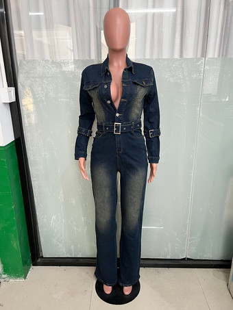 ウォッシュドデニムジャンプスーツ（レディース） - ダークブルーのヴィンテージ風ベルト付き長袖カーゴロンパース - 2026年春のストリートファッション