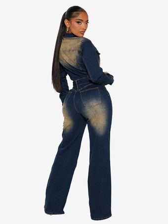 ウォッシュドデニムジャンプスーツ（レディース） - ダークブルーのヴィンテージ風ベルト付き長袖カーゴロンパース - 2026年春のストリートファッション