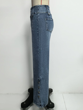 ハイウエストワイドレッグジーンズ（レディース） - ミディアムブルー ヴィンテージサイドボタン リラックスデニムパンツ - 2026年春のシックなストリートウェア