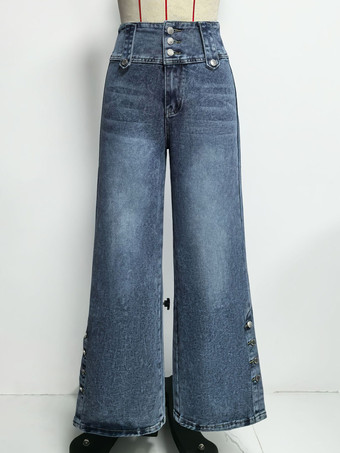ハイウエストワイドレッグジーンズ（レディース） - ミディアムブルー ヴィンテージサイドボタン リラックスデニムパンツ - 2026年春のシックなストリートウェア