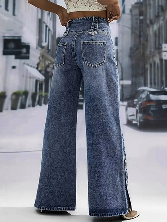 ハイウエストワイドレッグジーンズ（レディース） - ミディアムブルー ヴィンテージサイドボタン リラックスデニムパンツ - 2026年春のシックなストリートウェア