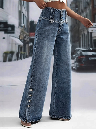 ハイウエストワイドレッグジーンズ（レディース） - ミディアムブルー ヴィンテージサイドボタン リラックスデニムパンツ - 2026年春のシックなストリートウェア