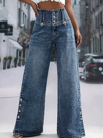 ブルー ハイウエストワイドレッグジーンズ（レディース） - ミディアムブルー ヴィンテージサイドボタン リラックスデニムパンツ - 2026年春のシックなストリートウェア