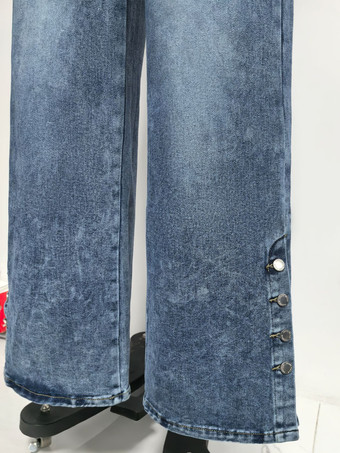 ハイウエストワイドレッグジーンズ（レディース） - ミディアムブルー ヴィンテージサイドボタン リラックスデニムパンツ - 2026年春のシックなストリートウェア