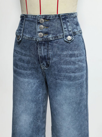 ハイウエストワイドレッグジーンズ（レディース） - ミディアムブルー ヴィンテージサイドボタン リラックスデニムパンツ - 2026年春のシックなストリートウェア