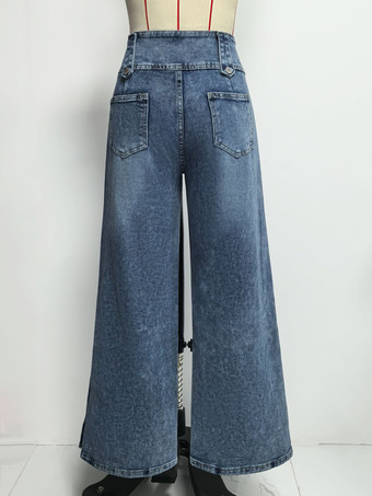 ハイウエストワイドレッグジーンズ（レディース） - ミディアムブルー ヴィンテージサイドボタン リラックスデニムパンツ - 2026年春のシックなストリートウェア