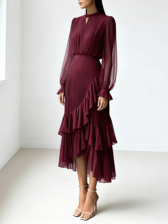 エレガントなプリーツミディドレス（女性用） - レイヤードフリルシフォンガウン - 2026年春の結婚式ゲスト衣装