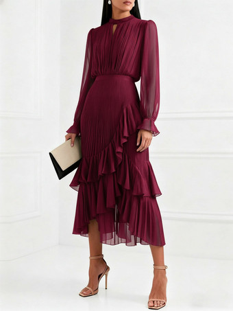 エレガントなプリーツミディドレス（女性用） - レイヤードフリルシフォンガウン - 2026年春の結婚式ゲスト衣装