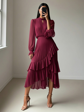 ワインレッド エレガントなプリーツミディドレス（女性用） - レイヤードフリルシフォンガウン - 2026年春の結婚式ゲスト衣装