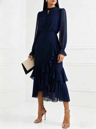 エレガントなプリーツミディドレス（女性用） - レイヤードフリルシフォンガウン - 2026年春の結婚式ゲスト衣装