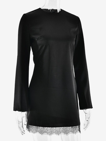 レーストリムサテンミニドレス（女性用） - エレガントな長袖ボディコン - 春のデートナイトウェア 2026