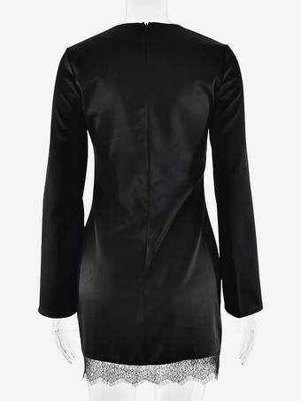 レーストリムサテンミニドレス（女性用） - エレガントな長袖ボディコン - 春のデートナイトウェア 2026